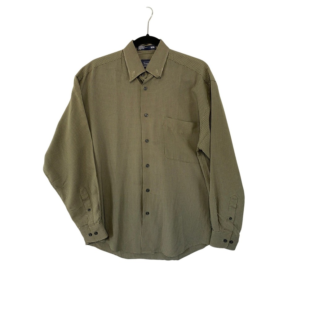 Haggar Button Down Shirt Men M Olive Green Micro Check Long Sleeve Rayon